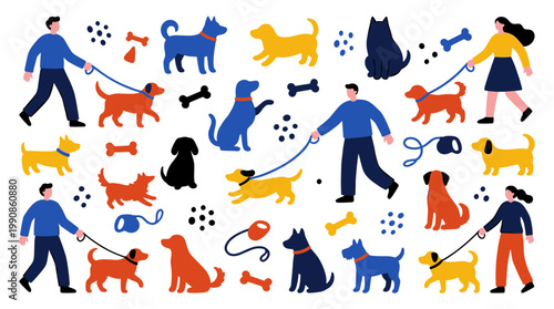 Happy people walking dogs in park playful pets enjoying outdoor activities diverse breeds and colors on leash with playful accessories