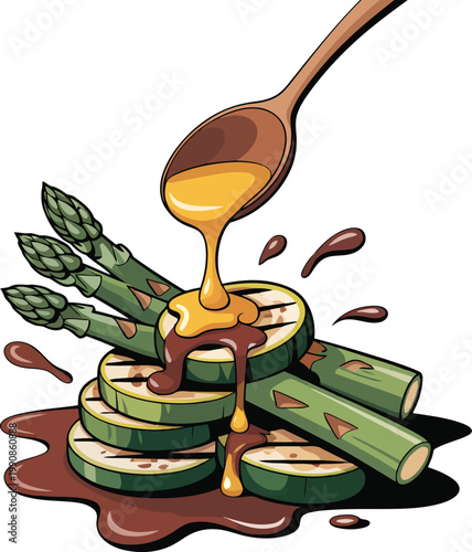 Asparagus and zucchini with honey drizzled over a vibrant colorful stack