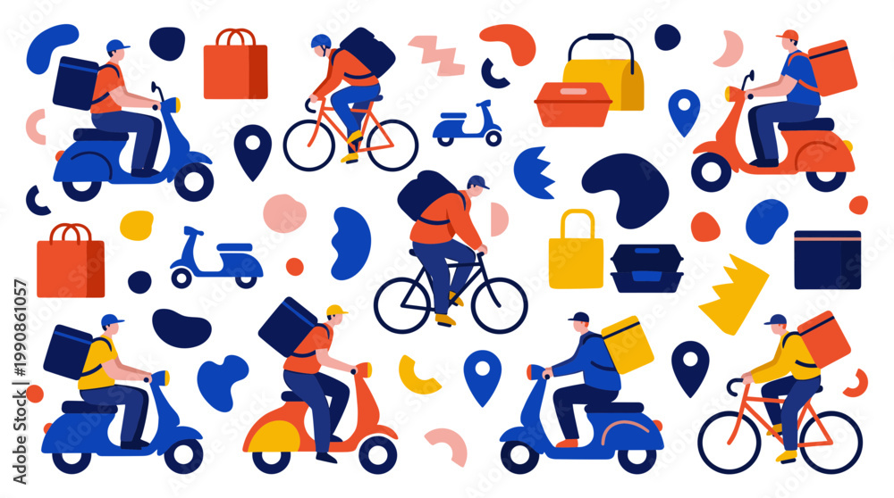 Fototapeta premium Food delivery service with couriers on scooters and bicycles bringing orders to customers, fast and efficient urban logistics concept