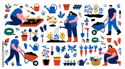 Diverse people engaged in gardening activities planting vegetables and flowers in a vibrant outdoor setting with tools and plants