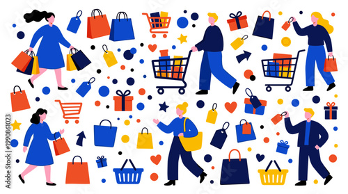 Happy shoppers enjoying retail therapy with shopping bags and carts, representing consumerism and lifestyle choices in a vibrant colorful scene