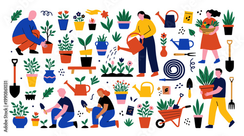 Diverse people enjoying gardening activities planting flowers and vegetables in a vibrant outdoor setting with various tools and plants