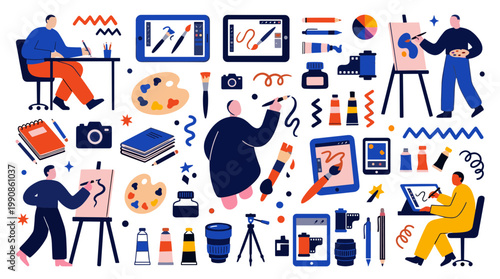 Creative professionals engaged in art and design using digital tablets and traditional tools, illustrating artistic creation and digital art workflow