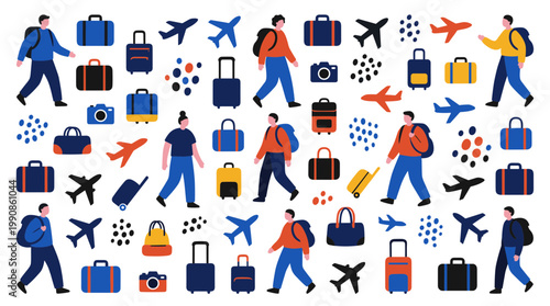 Diverse group of people traveling with luggage and airplanes, symbolizing journey and adventure