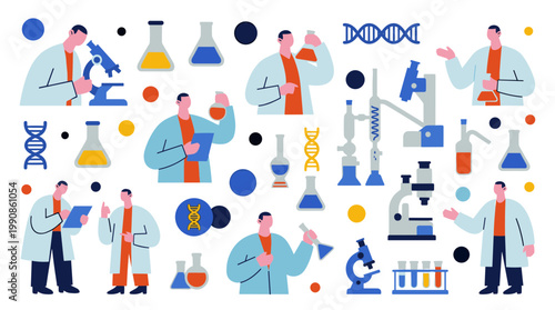 Scientists conducting research in a laboratory with microscopes and test tubes, illustrating scientific discovery and innovation in a modern setting