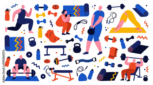 Diverse group of people engaged in various fitness activities and exercises with gym equipment, promoting healthy lifestyle and workout routines