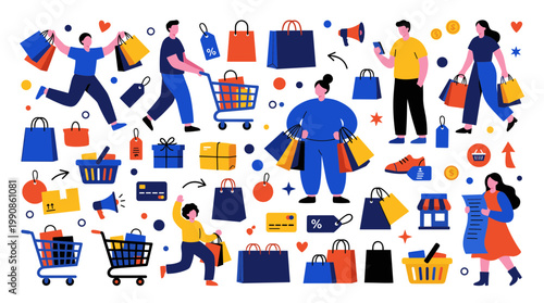 Happy people enjoy shopping with colorful bags and carts, illustrating consumerism and retail fun