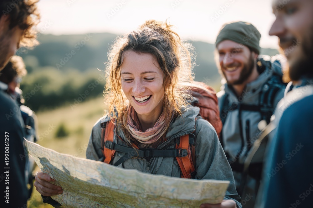 Group of hikers studying a map outdoors in a scenic landscape