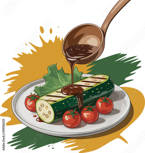 Grilled zucchini and tomatoes drizzled with a dark rich sauce on a plate