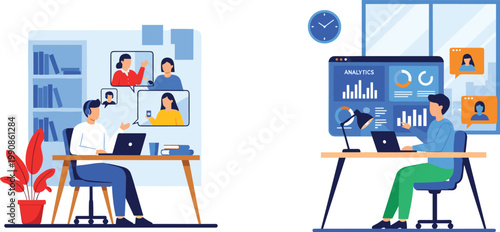Remote Work and Online Collaboration Illustration with Virtual Meeting, Team Communication, Data Analytics Dashboard, and Home Office Workspace Scene