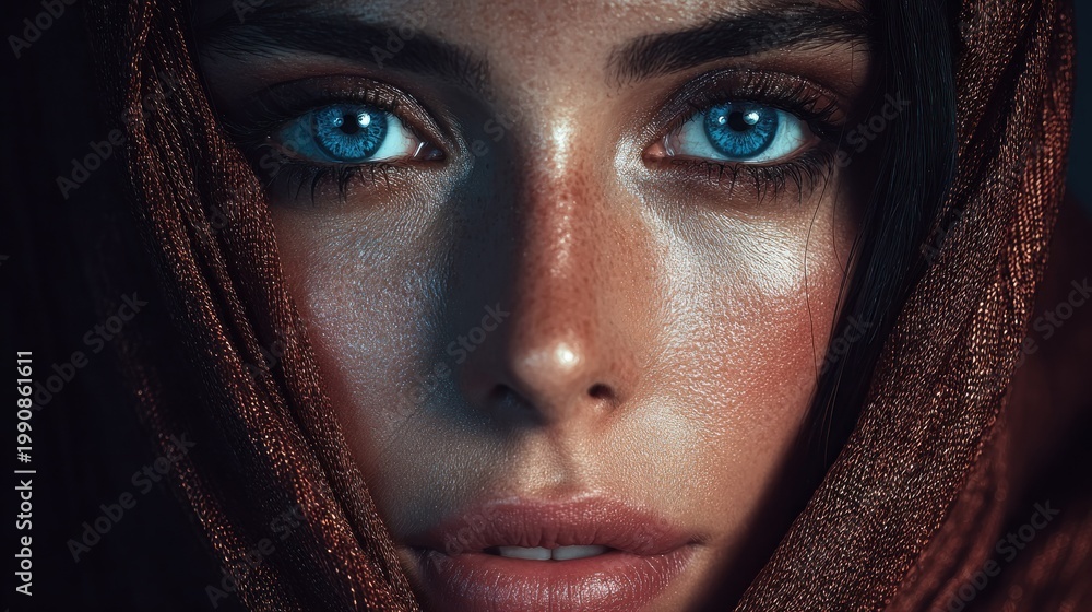 Naklejka premium Womans portrait with intense blue eyes and mysterious expression