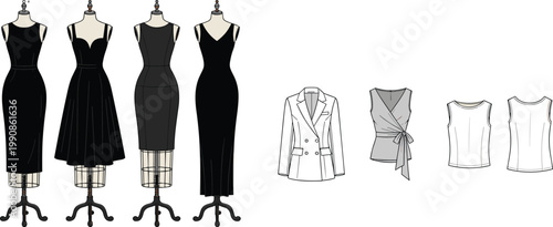 Elegant, black, dresses, mannequins, fashion, clothing, apparel, collection, wardrobe, garments, vector, illustration, set, isolated, modern, design, stylish, formal, classic, outfits