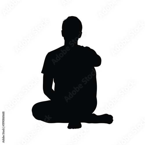 Silhouette of a man sitting crosslegged on the floor isolated on white background