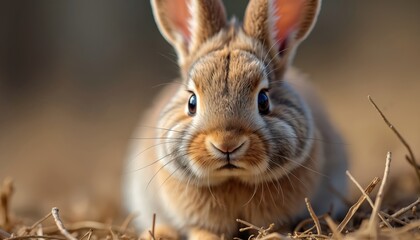 Close up cute fluffy rabbit face with big eyes and long whiskers. Small mammal sits still in natural dry grass. Adorable pet bunny shows soft fur texture and calm expression.