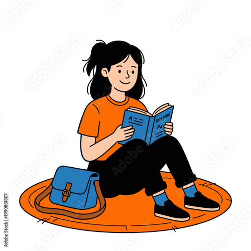 A young woman in an orange t-shirt and black pants sitting on a round orange mat, reading a blue book, with a blue satchel beside her