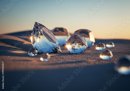 Brilliant cut diamonds resting on a sandy surface at sunset