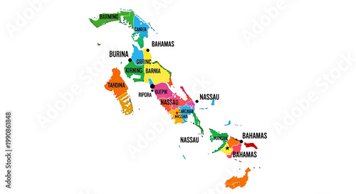 Colorful Map of The Bahamas Islands with Districts Labeled.