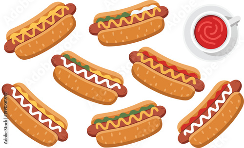 Fotografi Several hot dogs with mustard and relish alongside a ketchup container