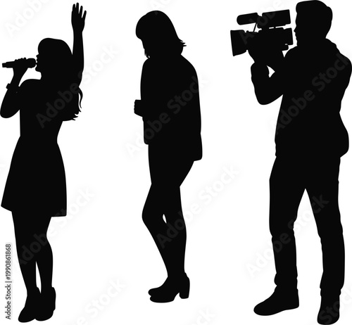 People silhouettes set singer woman performer and cameraman filming video media production scene concept