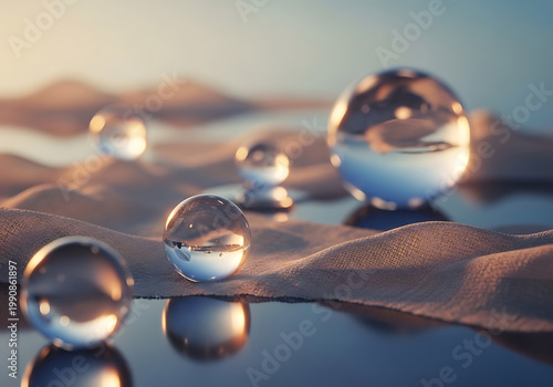 Glass spheres reflecting a serene landscape at sunset or dawn
