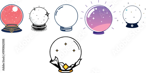 Vector Icon of a Mystical Crystal Ball in Outline Style, Minimalist Fortune Telling Sphere with Magical Aura and Clean Line Art on White Background, EPS Illustration