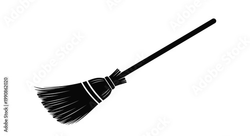 A simple black silhouette of a traditional household broom with straw bristles