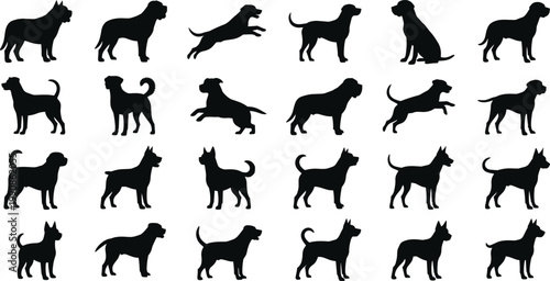 Dog Silhouette Collection Vector Set Featuring Various Breeds in Different Poses Standing Sitting Running and Jumping Isolated Black Animal Icons