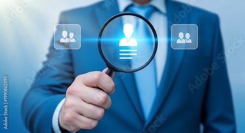Businessman searching for information with magnifying glass