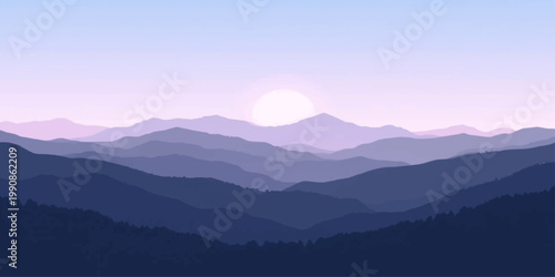 A breathtaking panoramic vista unfolds, where layers of majestic mountains are draped in hues of purple and blue beneath the soft glow of a setting sun. 