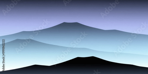 A serene depiction of a mountain range silhouette, painted in gradients of blue hues. An awe-inspiring landscape.