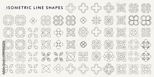Collection of intricate isometric line shapes and floral like patterns