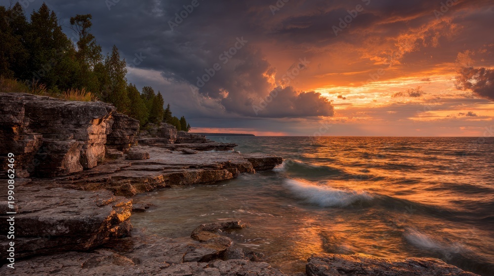 Obraz premium Dramatic sunset over ocean with rocky shoreline and vibrant sky