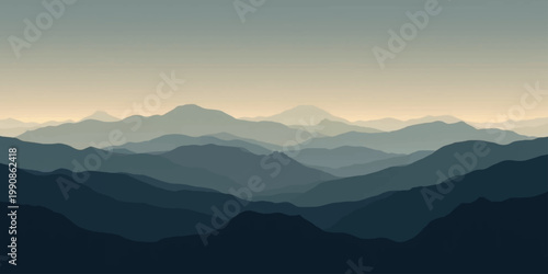 An abstract, minimalist depiction of rolling mountain ranges fades into the soft light of dawn, offering a sense of calm and serenity. 