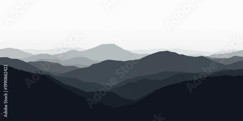 A serene and minimalist mountain landscape, layers of undulating peaks fading into the distance under a softly lit sky, evoking a sense of tranquility and the grandeur of nature.