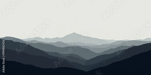 Serene mountain landscape with layers of rolling hills and peaks, evoking tranquility and solitude.