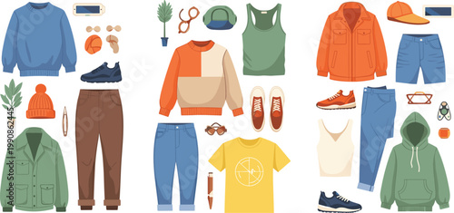 Set of Casual Clothing and Outfit Elements Featuring Jackets, Sweaters, Pants, Shoes, and Accessories in Flat Fashion Style Isolated on White Background