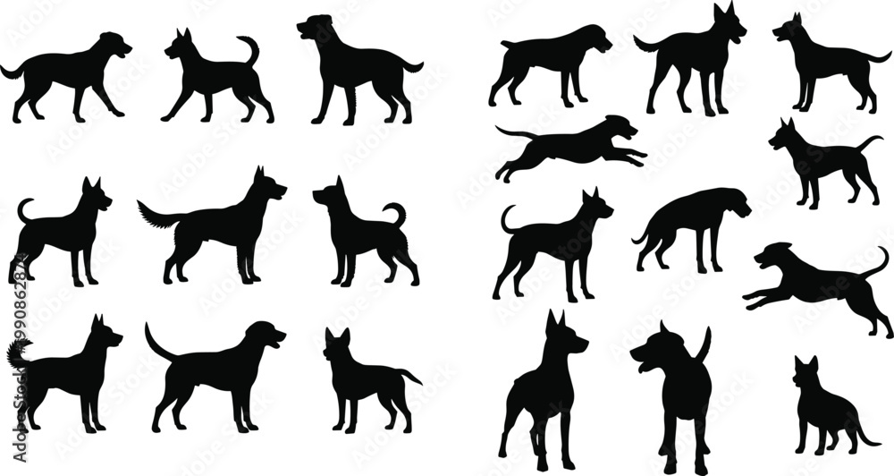 Obraz premium Dog Silhouette Set Vector Collection Featuring Various Breeds in Standing Running Sitting and Jumping Poses Isolated Black Canine Icons for Design