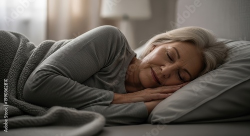 Peaceful elderly woman peacefully sleeping in her comfortable bed, wrapped in a warm blanket, enjoying a restful night's sleep