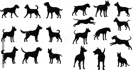 Dog Silhouette Set Vector Collection Featuring Various Breeds in Standing Running Sitting and Jumping Poses Isolated Black Canine Icons for Design