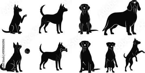 Dog Silhouette Collection Vector Set Featuring Various Breeds Playing Sitting Standing and Holding Ball or Bone Isolated Black Canine Icons for Pet Design