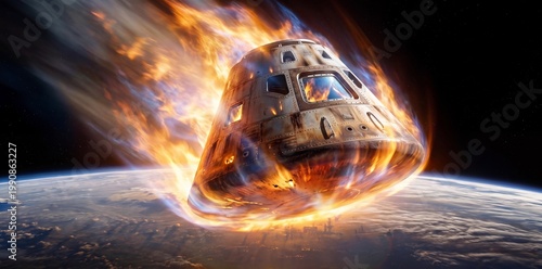 Dramatic image of a space capsule re-entering Earth's atmosphere, enveloped in a blazing inferno of plasma due to atmospheric friction. Space exploration concept.