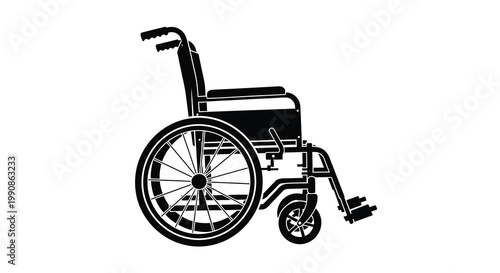Black and white silhouette of a manual wheelchair on a white background
