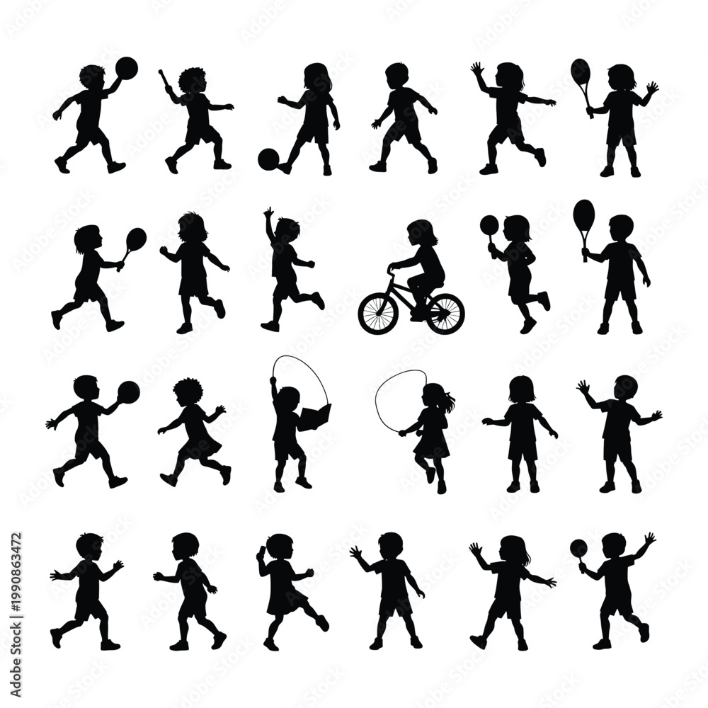 Fototapeta premium Collection of black silhouette children playing sports isolated on white background