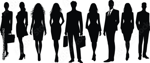 Silhouettes of diverse business professionals walking in formation, corporate team concept with men and women in formal attire representing leadership, teamwork, success, and modern workforce dynamics