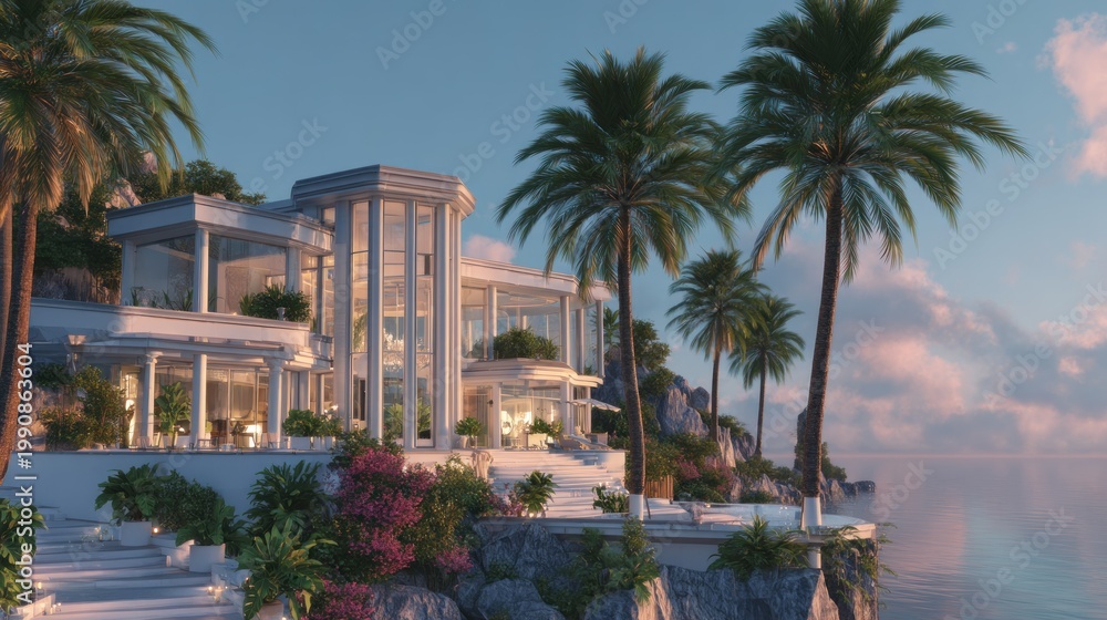 Fototapeta premium Luxury mansion on cliffside with palm trees and blue sky