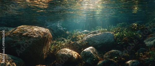 Underwater view with rocks and aquatic plants illuminated by sunlight