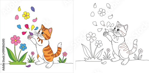 Cute cartoon kitten playing with falling flower petals, coloring book page illustration for kids with colored example and black and white line art.