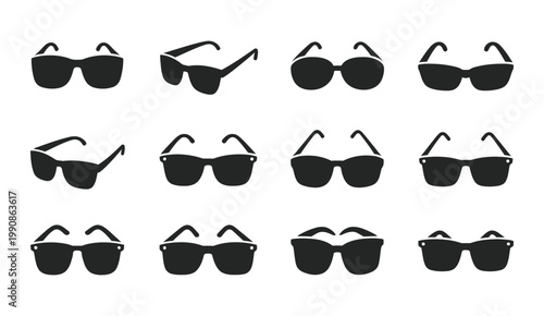 Black sunglasses silhouettes, various modern fashion eyewear outline icons for branding, advertising, and graphic design