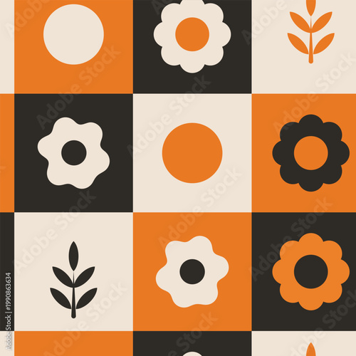 Bold Geometric Floral Checker Seamless Pattern Orange Black Minimal Style