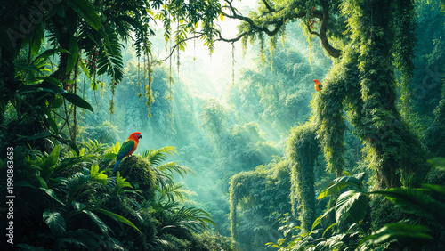 magical mystical jungle with two colorful parrots in lush fantansy rain forest